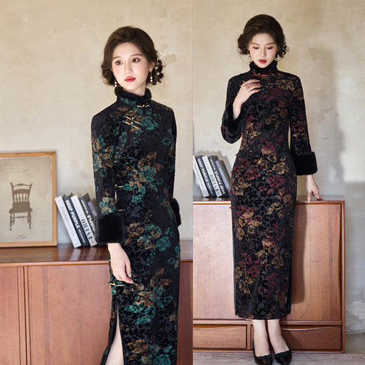 SKY 179407烫金烂花绒加厚国风妈妈装旗袍复古中式旗袍 商品图0