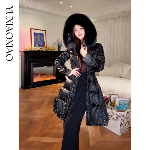 余潇潇【雪夜繁星】狐狸毛领收腰精致烫钻长款90白鹅绒保暖羽绒服 商品图0