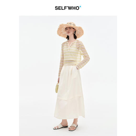 SELFWHO绵羊毛混纺淡黄色镂空针织衫女2025冬季新款宽松透气上衣 商品图2