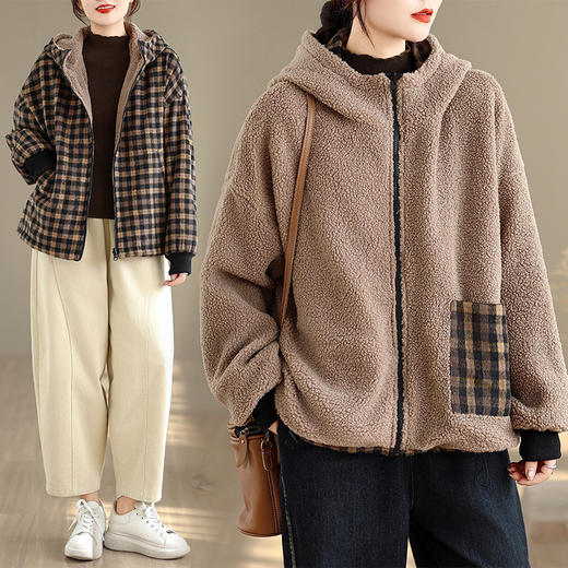 A8639-1 2025年冬季新款加绒加厚双面穿洋气休闲百搭显瘦减龄棉服时尚外套 商品图0