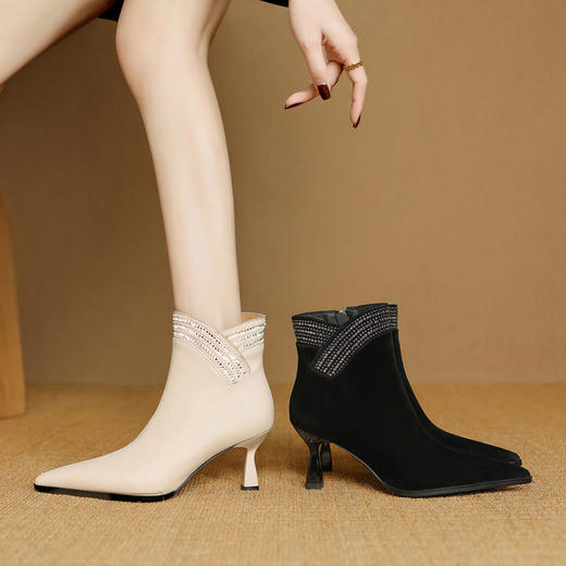 【预售5天】羊皮尖头细跟短靴，法式百搭水钻侧拉链高跟及裸靴子DB&M6588 商品图0