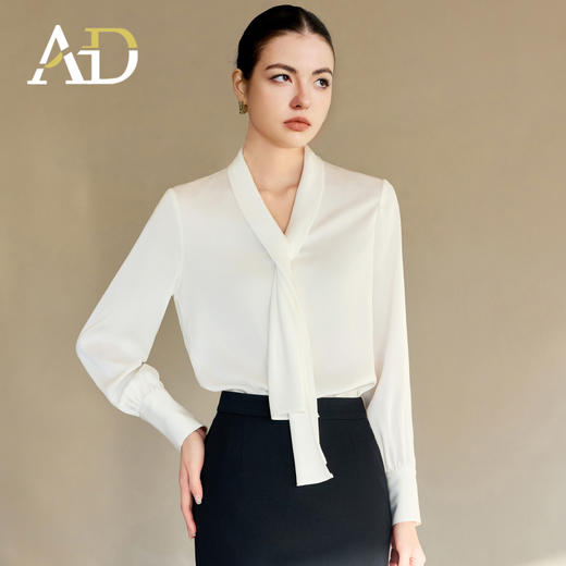 AD白色衬衫女春秋2025新款高级感设计感小众时尚洋气飘带衬衣上衣 商品图3