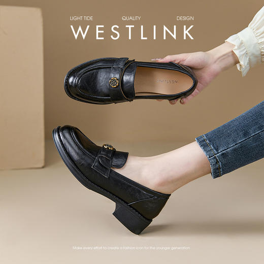 【限时秒杀】西遇法式乐福鞋女新款秋季瘦版山茶花通勤低跟单鞋棕色小皮鞋V0047621 商品图2