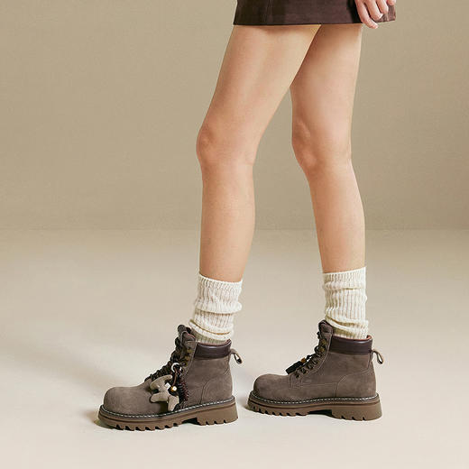 千百度加绒美拉德马丁靴女保暖工装靴复古厚底短靴子A25573661 商品图2