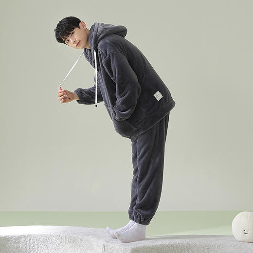 【软绵绵贵妃绒】自然醒「慵懒时光」男士纯色睡衣冬季珊瑚绒韩版连帽秋冬季可外穿家居服JLM 商品图4