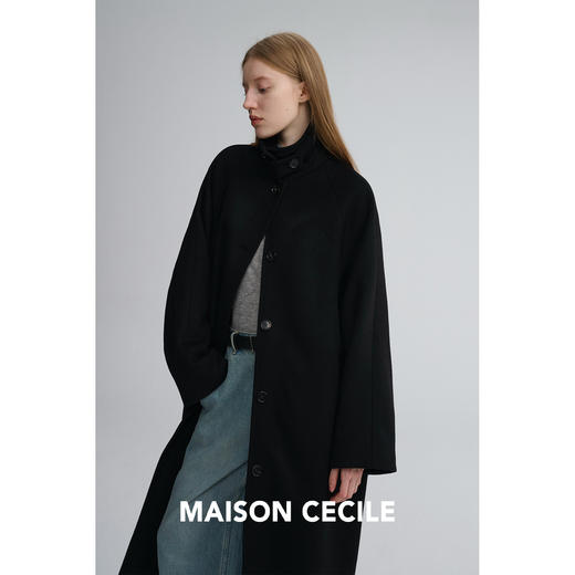 MAISON CECILE 高克重羊毛经典黑色廓形可立领长款毛呢大衣 商品图1
