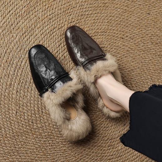 【预售5天】羊皮兔毛毛拖鞋女外穿秋冬英伦复古加绒保暖包头半拖鞋粗跟穆勒鞋NGMZR&7955 商品图0