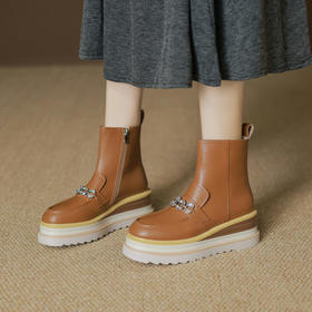 【预售5天】英伦风高跟坡跟松糕底短靴女侧拉链秋冬新款加绒马丁靴ZMXY&ZM2583-1