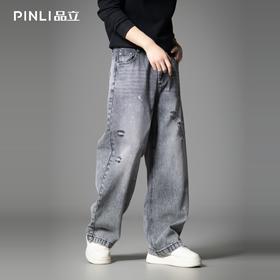 PINLI品立2025秋季新款美式做旧水洗泼墨牛仔裤男宽松直筒长裤潮GD253116143