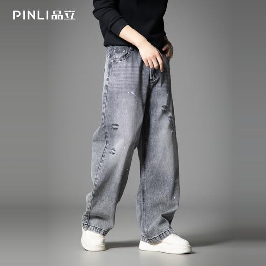 PINLI品立2025秋季新款美式做旧水洗泼墨牛仔裤男宽松直筒长裤潮GD253116143 商品图0