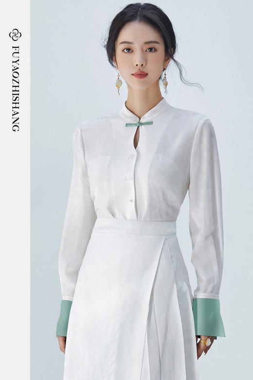 FUYAO扶摇 文艺国风白衬衫小立领刺绣上衣打底衬衫女2025秋季新款 商品图5