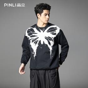 PINLI品立春季新款蝴蝶印花卫衣潮牌宽松套头休闲长袖男上衣B253109052