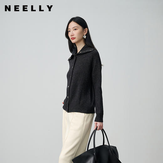 NEELLY纳俪商场同款冬季新款翻领简约随性针织开衫女亲肤百搭外套N25104A07705 商品图0
