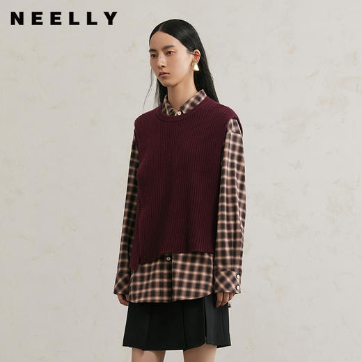 NEELLY纳俪商场同款冬季新款圆领开衩针织背心女简约休闲上衣N25114A04526 商品图0