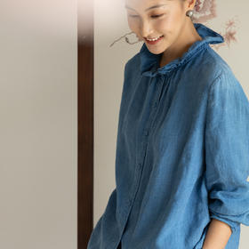 牧衣游原创 植物染汉麻套头衫女新款质朴百搭文艺蓝色衬衫 兰鸢