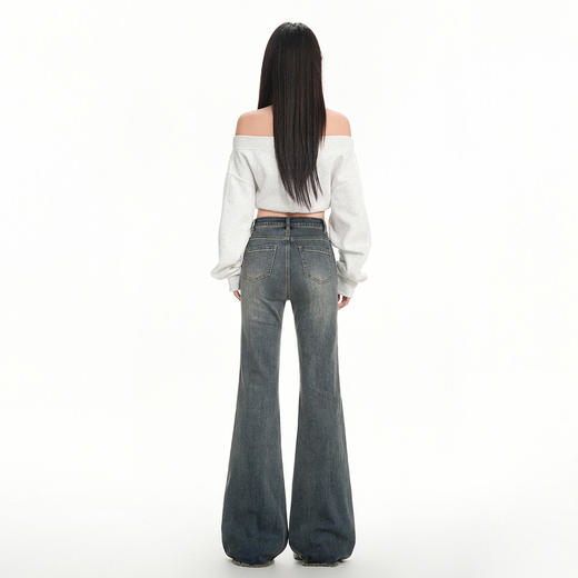 罗蒙秋冬女士复古牛仔裤浅色微喇修身马蹄喇叭高腰显瘦弹力拖地长裤 商品图6