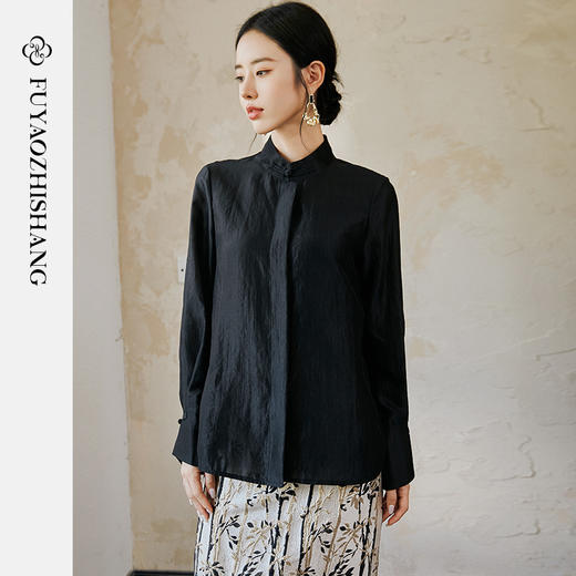 FUYAO扶摇 新中式盘扣衬衫女国风马蹄袖高级感衬衣气质黑色防晒衣 商品图4