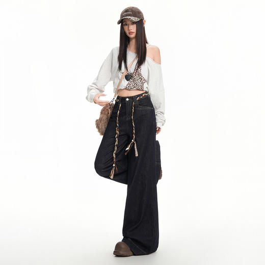 罗蒙秋冬美式复古女士牛仔裤深色高腰喇叭裤宽松显瘦阔腿拖地长裤 商品图6