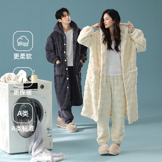 【提花贵妃绒】自然醒「半熟冬日」情侣睡衣冬季加厚长款睡袍套装休闲男女士加绒贵妃绒外穿家居服冬JLM 商品图2