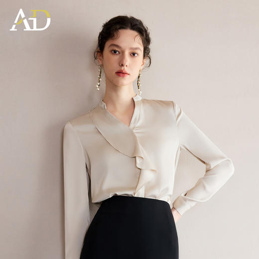 AD气质绝美小衫女2025夏季新款香槟色荷叶边V领衬衣时尚百搭上衣 商品图3