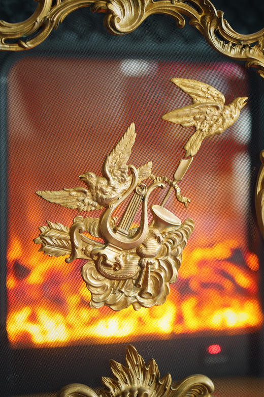 独角鹿西洋古董19世纪法国出品路易十五风格铜鎏金雕饰飞鸟乐器主题壁炉屏风 商品图3