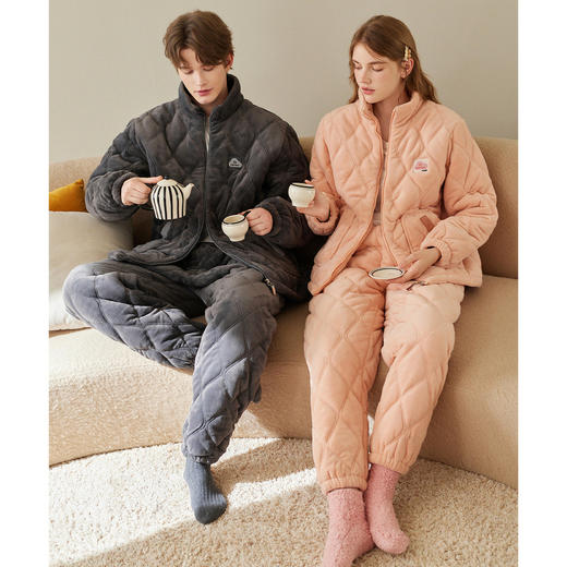 芬腾情侣睡衣冬季珊瑚绒三层加厚夹棉套装男女士抗静电加绒家居服 商品图4