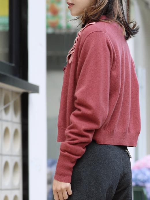 TYNVIE 撞色荷叶边装饰羊绒开衫- 砖红色 商品图9