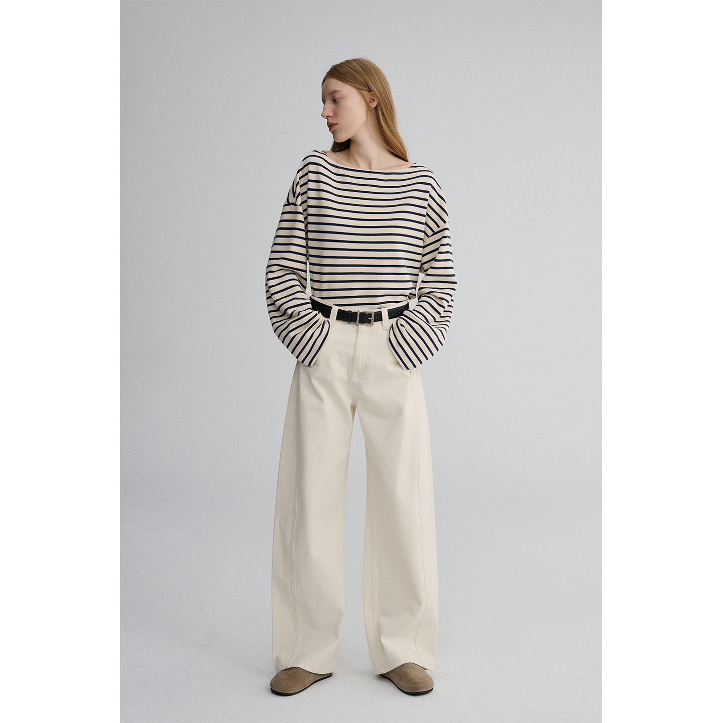 MAISON CECILE 全棉肌理感白色极简通勤分割立体松弛牛仔阔腿裤