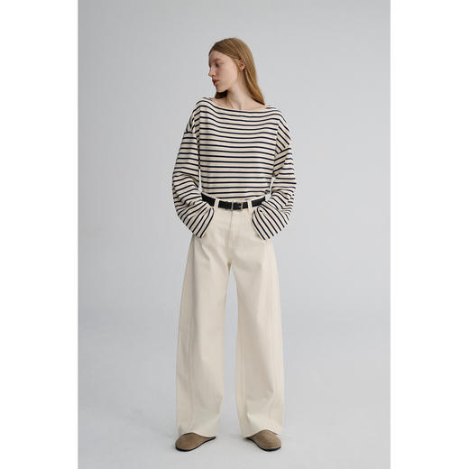 MAISON CECILE 全棉肌理感白色极简通勤分割立体松弛牛仔阔腿裤 商品图0