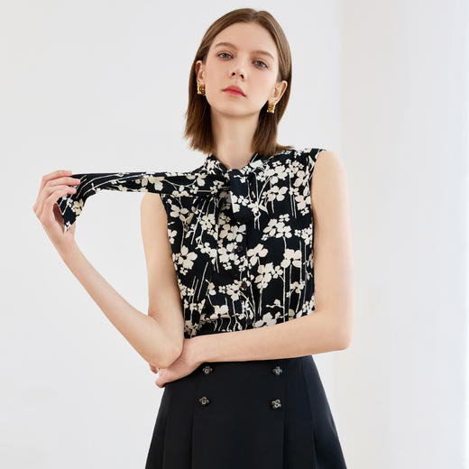 AD气质雪纺衬衣2025夏装新款女装时尚洋气撞色印花无袖套头衬衫 商品图0