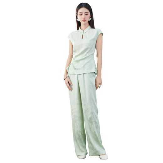 FUYAO扶摇 绿色衬衫阔腿裤两件套女夏季新款盐系轻熟国风茶服套装 商品图4