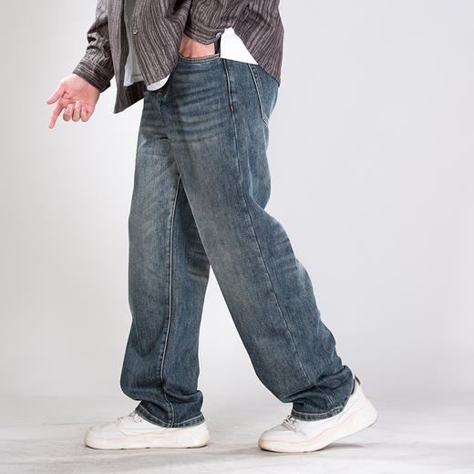 DRONKOO 2025 正常腰表袋剪破拼接复古洗水底磨毛中厚牛仔长裤 商品图2