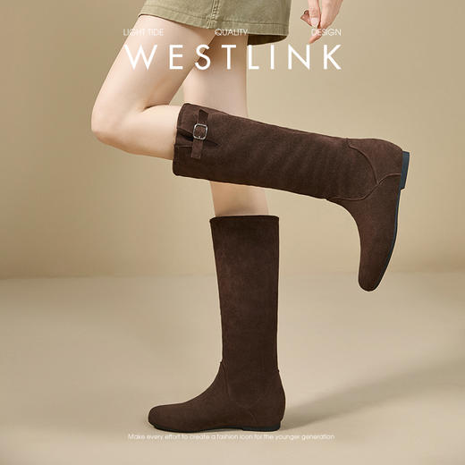 西遇不过膝长筒靴女新款秋冬复古显瘦绒面堆堆靴子内增高长靴V2157199 商品图3