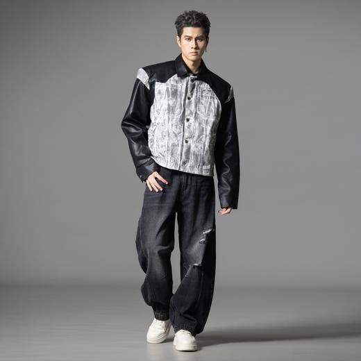 PINLI品立2025秋季新款宽松翻领PU皮衣茄克拼接牛仔衣机车外套男GD253104155 商品图4