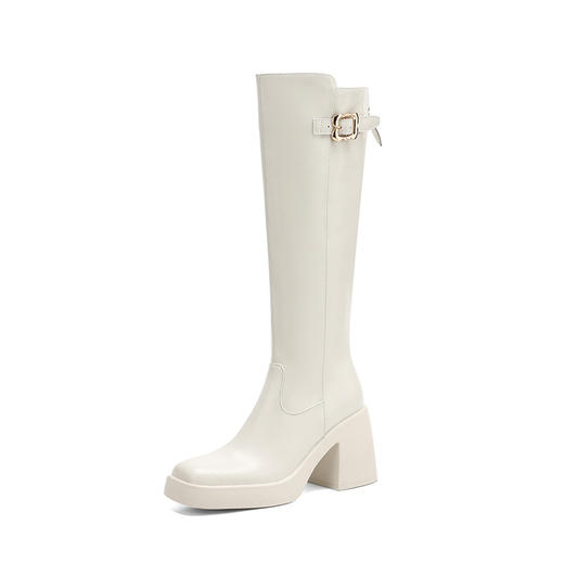 【预售7天】秋冬新款米白色真皮长靴女粗跟防水台骑士靴后拉链单靴时装靴CFE&C6387 商品图4