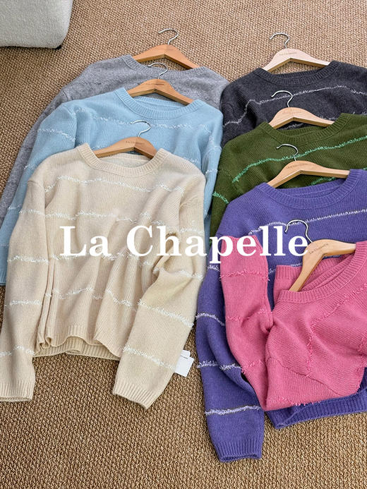 会员福利【山羊绒+羊驼毛】拉夏贝尔/La Chapelle韩系甜美~绵羊毛慵懒条纹宽松圆领针织毛衣 商品图2