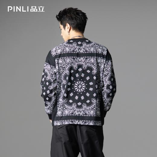 PINLI品立2025秋季新款腰果花宽松长袖T恤男士复古休闲印花上衣潮B253111040 商品图2