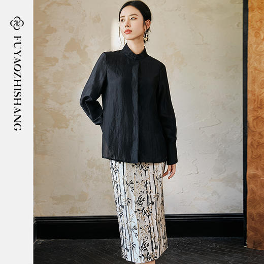 FUYAO扶摇 新中式盘扣衬衫女国风马蹄袖高级感衬衣气质黑色防晒衣 商品图3
