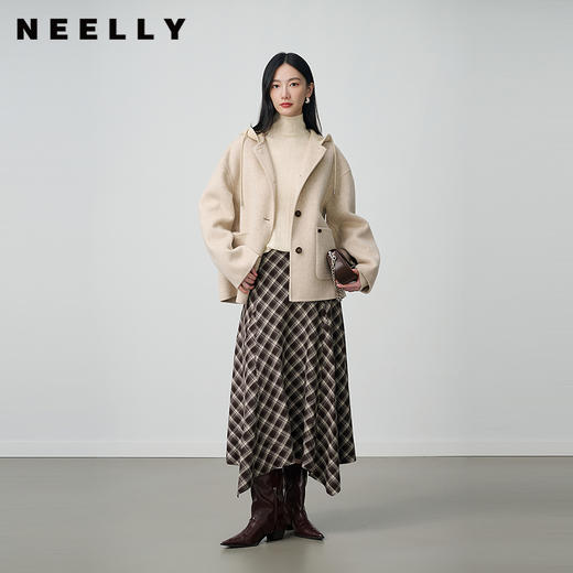 NEELLY纳俪商场同款冬新款不规则复古格纹高腰半身裙女百搭中长裙N25104E07718 商品图0