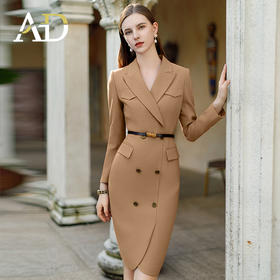 AD韩系卡其色西装连衣裙女高级感职业显瘦珠宝店美容院前台工作服