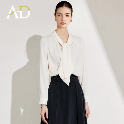 AD衬衫2025新款光泽感面料飘带装饰白上衣女设计感微宽松休闲衬衣 商品图1