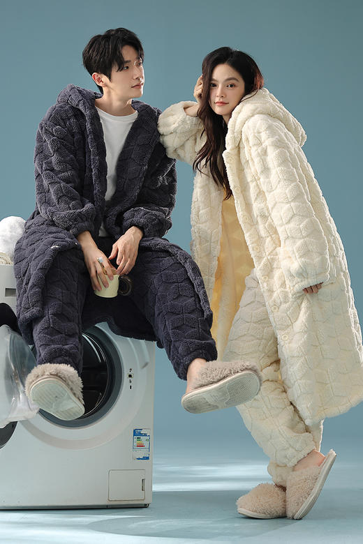 【提花贵妃绒】自然醒「半熟冬日」情侣睡衣冬季加厚长款睡袍套装休闲男女士加绒贵妃绒外穿家居服冬JLM 商品图7