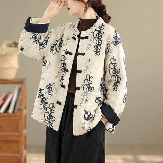 GYH 6253中式盘扣夹棉加厚棉服拼色宽松大码保暖印花棉服 商品图2