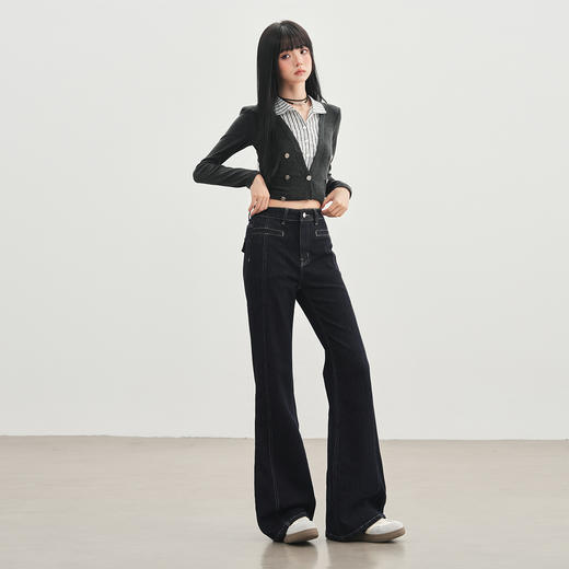 罗蒙秋冬女士高腰明线深色喇叭牛仔裤女时尚通勤显瘦微喇休闲长裤 商品图3