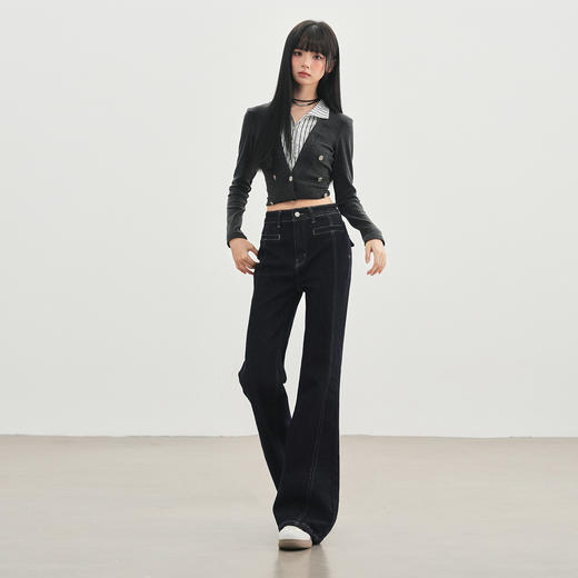 罗蒙秋冬女士高腰明线深色喇叭牛仔裤女时尚通勤显瘦微喇休闲长裤 商品图2