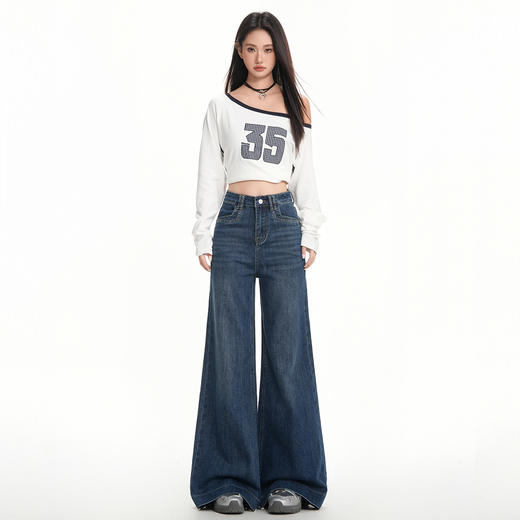 罗蒙秋冬美式复古女士牛仔裤深色高腰喇叭裤宽松显瘦阔腿拖地长裤 商品图1