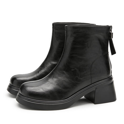 西遇粗跟短靴女新款秋冬显瘦百搭马丁靴黑色圆头切尔西靴子V2257268 商品图4