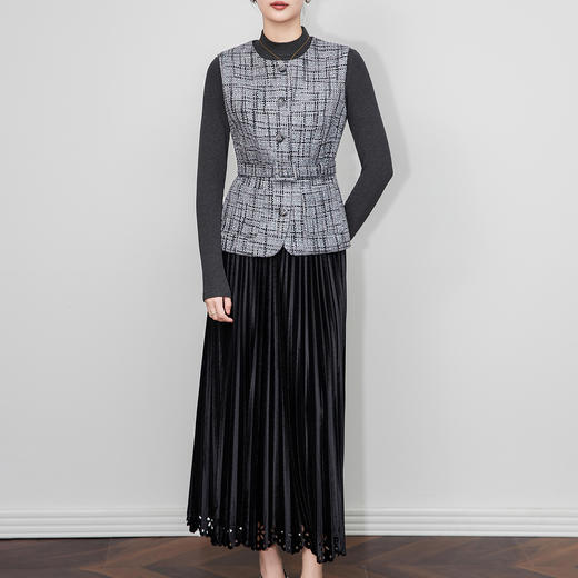 「高货wl」全新升级【铂金会员367/天猫499/差价132】(99634)洛诗琳2025秋冬法式小香风马甲外套丝绒镂空百褶裙两件套 商品图1