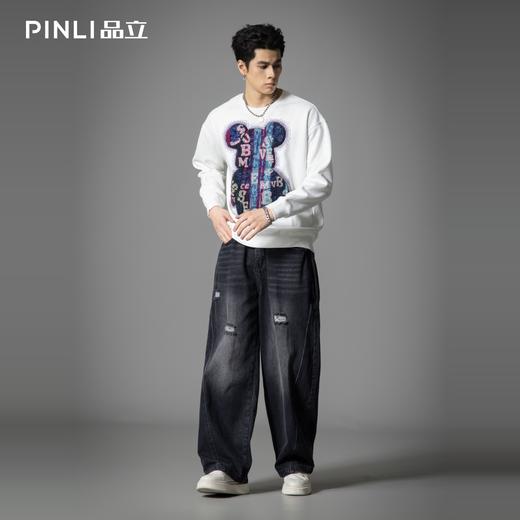 PINLI品立2025秋季新款男宽松圆领卫衣美式潮牌小熊烫钻长袖上衣BG251109003 商品图1