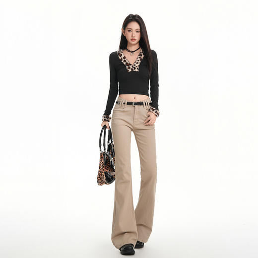 罗蒙秋冬女士牛仔裤美式低腰卡其色微喇显瘦百搭阔腿显瘦修身微喇长裤 商品图2